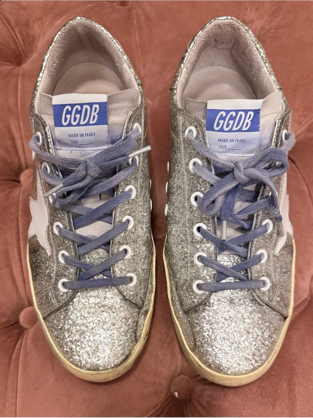 Golden Goose Silver Glitter Low-Top Sneakers with Blue Laces